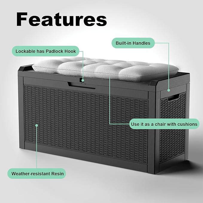 60 Gallon Deck Box,Resin Outdoor Storage Box with Lockable for Patio Furniture, Pool Accessories, Garden Tools, Waterproof Outside Storage Box, Black Pattern