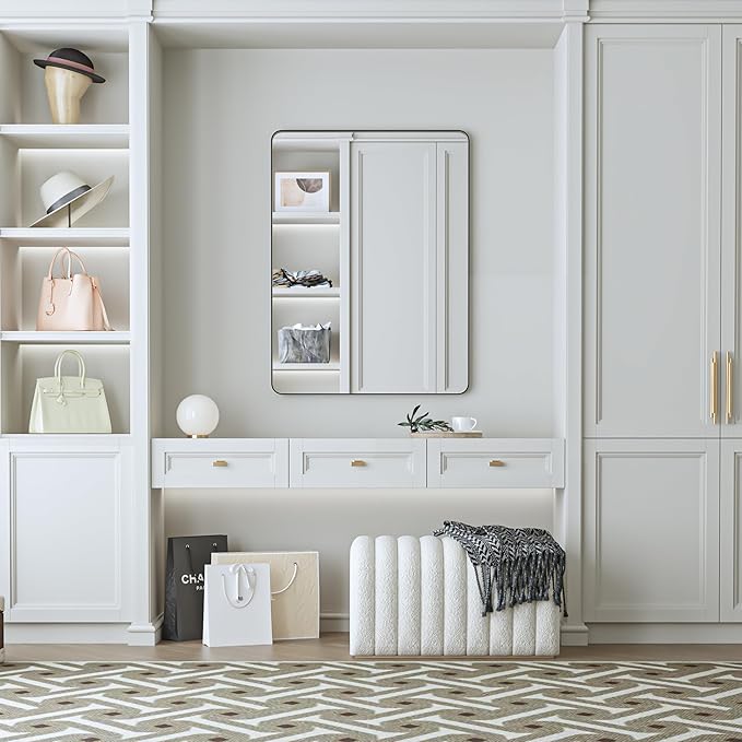 20×28 Black Bathroom Mirror, Rectangular Bathroom Vanity Mirror for Wall with Rounded Corners & Aluminum Alloy Frame, Tempered-Glass, Modern, Farmhouse, Horizontal/Vertical, Entryway, Bedroom