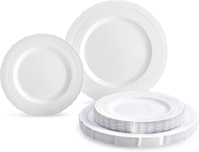 " OCCASIONS " 50 Plates Pack (25 Guests)-Extra Heavyweight Vintage Wedding Disposable/Reusable Plastic Plates -25x11'' Dinner + 25x8.25'' Salad/Dessert (Chateau Collection White)