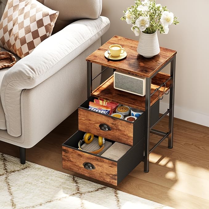 Furologee Nightstand with 2 Fabric Drawers, Bedside Table End Tbale with 2-Tier Shelf, Side Table with Hooks and Wood Top for Bedroom/Living Room/Hallway/Rustic Brown
