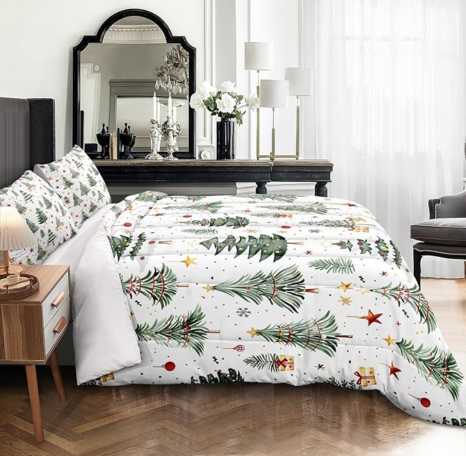 Bedorm Christmas Tree Comforter Queen Merry Xmas Bedding Set Green Xmas Tree Yellow Reds Balls Stars Holiday Decor Green White Quilt Comforter Set