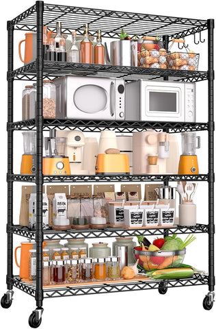 PrimeZone 6 Tier Wire Shelving with Wheels,Metal Shelf Heavy Duty Adjustable Kitchen Storage Shelves Unit,Pantry Organizer Rack Rolling for Garage Closet Laundry 36''W x 18''D x 78''H