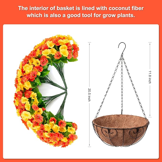 Artificial Hanging Flowers with Basket, Faux Silk Petunias Flower Arrangement, Coconut Lining with Morning Glories Fake Plants Patio Garden Porch Deck Fall Decor(Orange Yellow)