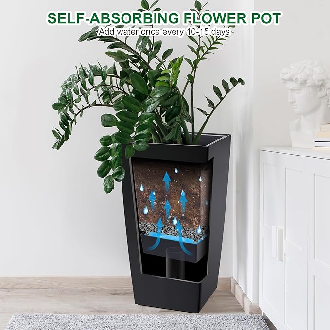 GAOMON 30" Tall Planter Set of 2,Heavy Duty Tall Planter,High Front Porch Planter Pots with Drainage Holes＆Water Level Monitor＆Inner Bucket, Automatic Watering,Indoor/Outdoor Grande Plant,Tree,Black…