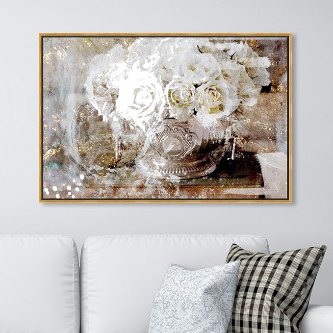 The Oliver Gal Artist Co. Floral and Botanical Framed Wall Art Canvas Prints 'Serving Roses' Florals, White, Gold, 45" x 30"