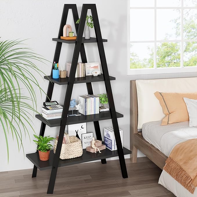 DKLGG 4-Tier A-Shaped Bookshelf, Industrial Metal Bookcase, Standing Bedroom Ladder Shelf, Open Display Shelves, Plant Stand Shelf Indoor, MDF Bookshelves for Living Room, Office, Small Spaces