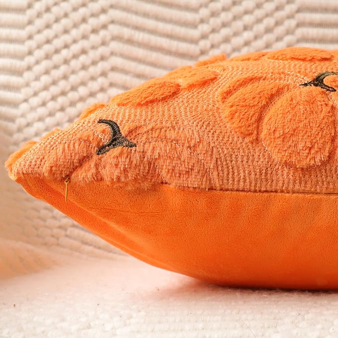 4TH Emotion Fall Pumpkins Decorative Pillow Covers 18x18 Set of 2, Orange Soft Plush Faux Fur Wool Farmhouse Throw Cushion Cases for Autumn Thanksgiving Holiday Home Decorations