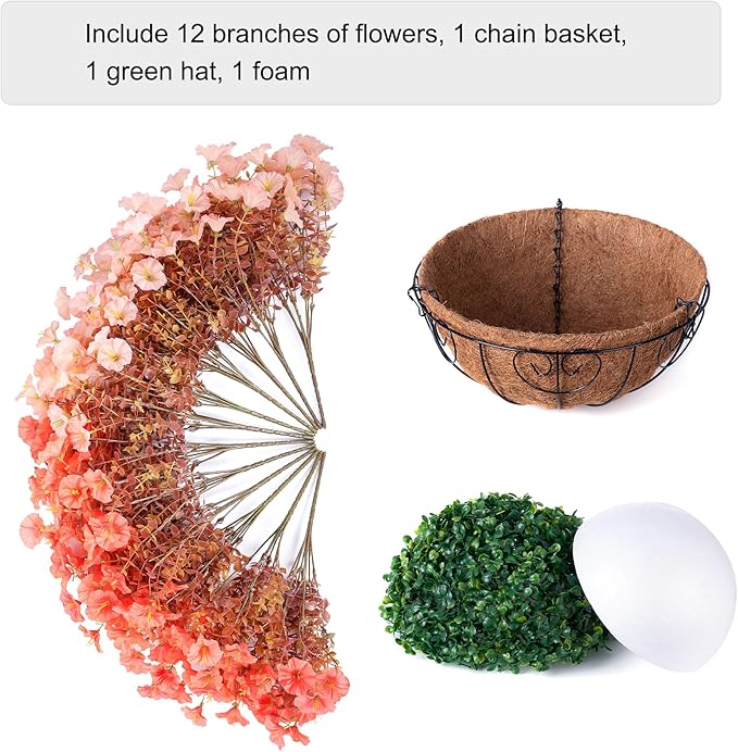 Artificial Fake Hanging Flowers with Basket for Fall Decoration, 12 Bundles Faux Silk Morning Glory Plants for Outdoor Planters, Realistic UV Resistant Artificial Flowers for Outside Porch Garden