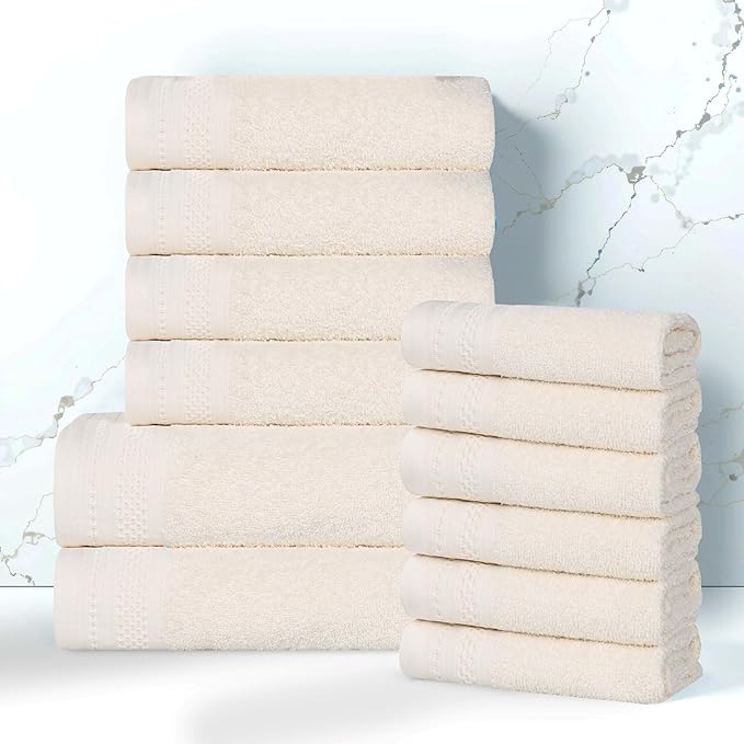 Superior Honeycomb 100% Cotton 500 GSM 12 Piece Bath Towel Set, 6 Washcloths, 4 Hand, 2 Bath Towels, Ideal for Bathroom, Kitchen or Beach, Quick Dry, Jacquard and Solid, Mid-Weight, Ivory