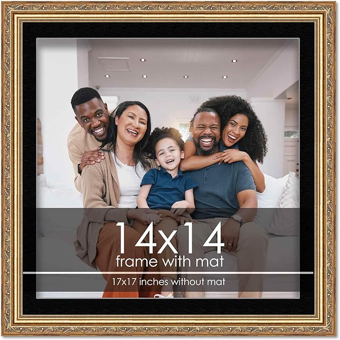 14x14 Frame with Mat - Antique Gold 17x17 Frame Wood Made to Display Print or Poster Measuring 14 x 14 Inches with Black Photo Mat