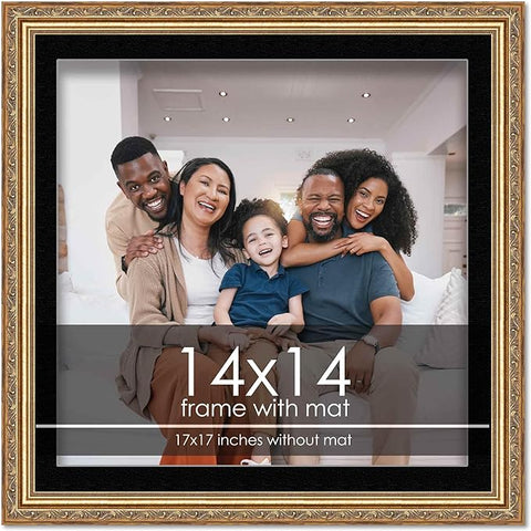 14x14 Frame with Mat - Antique Gold 17x17 Frame Wood Made to Display Print or Poster Measuring 14 x 14 Inches with Black Photo Mat