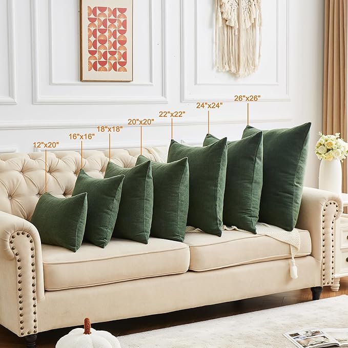 GAWAMAY Decorative Chenille Throw Pillow Covers 26"x26" Inch Pack of 2, Soft Square Couch Pillow Cover for Sofa Cushion Living Room Bedroom Solid Oversized Pillowcases Dark Green 66x66cm (NO Insets)