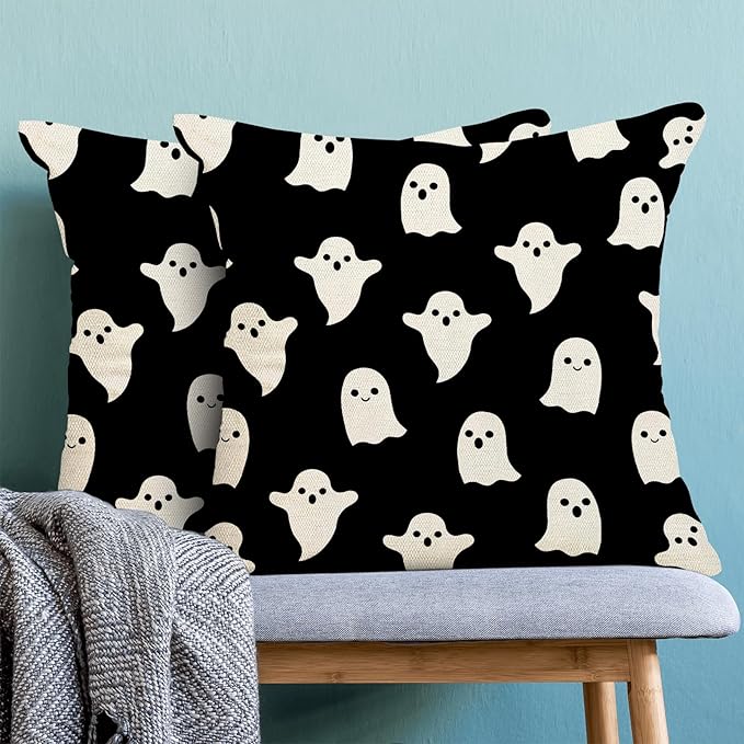 Halloween Ghost Pillow Covers 22x22 Set Of 2 - Black Cute Throw Pillows For Halloween Home Decoration - Decorative Cushion Cases For Couch, Sofa, Outdoor Decor