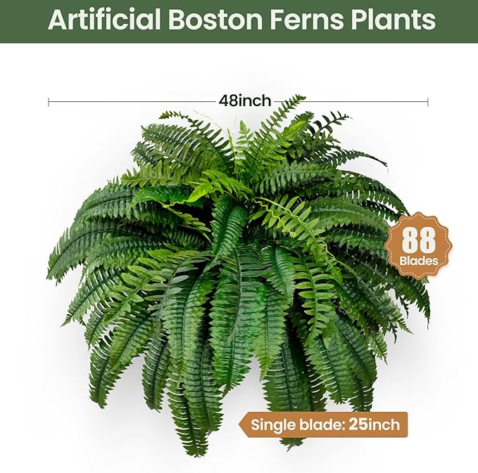 Single Silky Artificial Boston Fern Bush, 48Inch Artificial Plants, Suitable for Decorating Office, Patio, Living Room Faux Greenery, 88Branches…