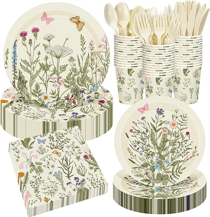 400 Pcs Wild Floral Disposable Paper Plates Napkins Cups Serve 50 Watercolor Floral Tableware Set for Spring Wedding Tea Party Decoration Bridal Baby Shower(Vintage Color, Classic Style)