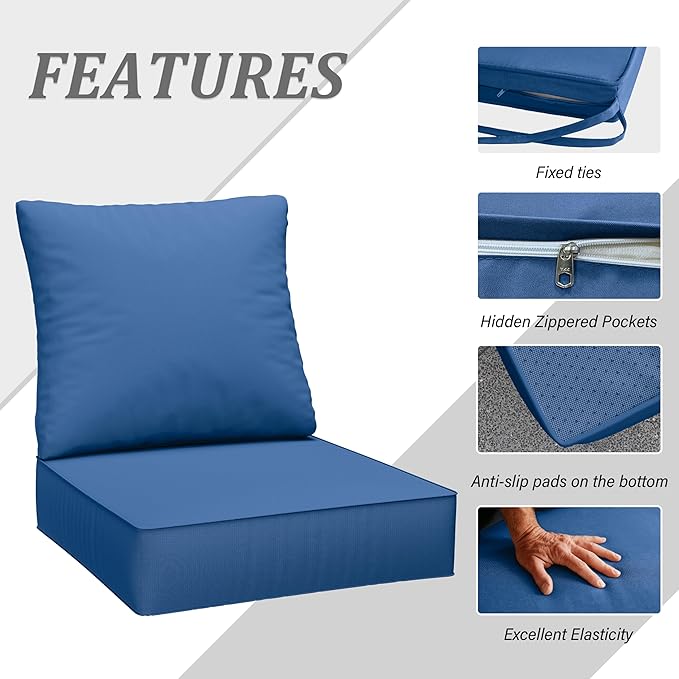 Outdoor Seat Cushion Set 24 x 24 x6.5 Inch Splash-Proof & Fade Resistant Patio Furniture Cushions with Removable Cover Deep Seat & Back Cushion with Straps for Chair Sofa Couch
