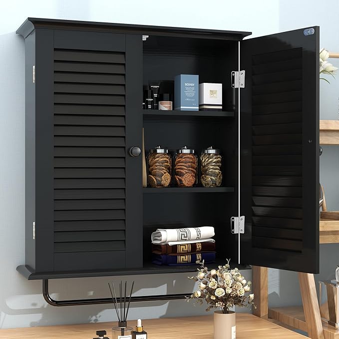 TaoHFE Bathroom Cabinet Wall Mounted Designer Bathroom Wall Cabinet Medicine Cabinet with Double Shutter Doors 3 Tier Adjustable Shelf with Towel Rack Over The Toilet Storage Cabinet Laundry (Black)