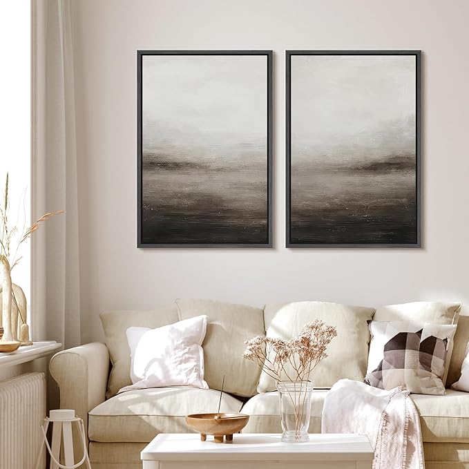 MUDECOR Framed Canvas Print Wall Art Neutral Abstract Modern Minimalist Landscape in Beige and Gray Illustrations Modern Art Decorative Bohemian for Living Room, Bedroom, Office - 16"x24"x2 Black