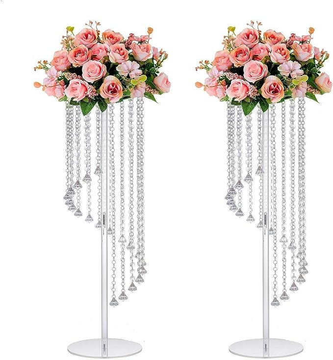 Clear Acrylic Tall Flower Vases -2 Pcs 31.5" Cylinder Pedestal Stands for The Table Centerpieces for Parties, Chandelier Crystals Decorative Flower Stand, Wedding, Celebration, Home Decoration