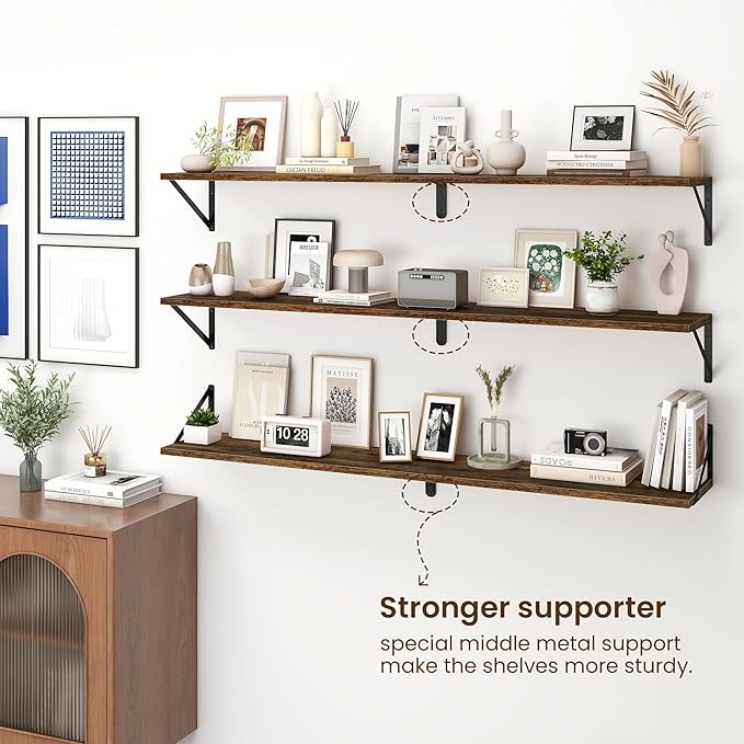 Fun Memories Deep Floating Shelves for Wall, 55W x 8D Wall Mounted Shelves Set of 2, Wide Display Ledge Shelf with Sturdy Metal Brackets for Living Room, Bathroom, Bedroom and Kitchen, Rustic Brown