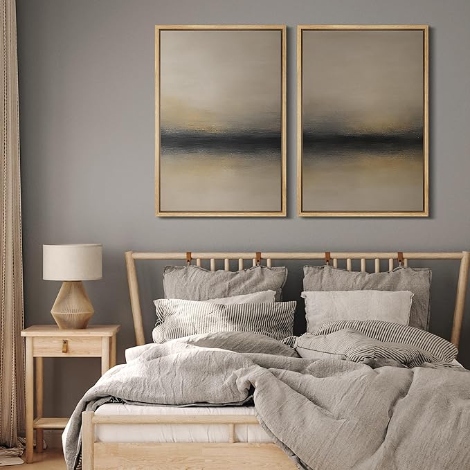 MUDECOR Framed Canvas Print Wall Art Abstract Sunset Horizon Modern Minimalist Beige and Black Illustrations Modern Art Decorative Bohemian for Living Room, Bedroom, Office - 24"x36"x2 Natural