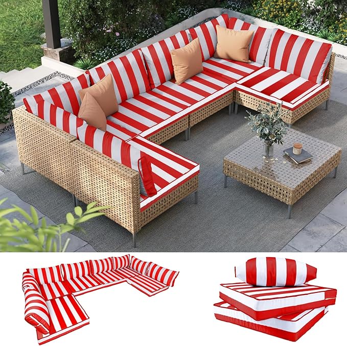 Outdoor Furniture Replacement Cushions, 14 Pcs Water-Resistant Replacement Sofa Cushion for Patio Garden Porch (Liner&Cover,Only Cushions No Sofa) (Red and White Stripes)
