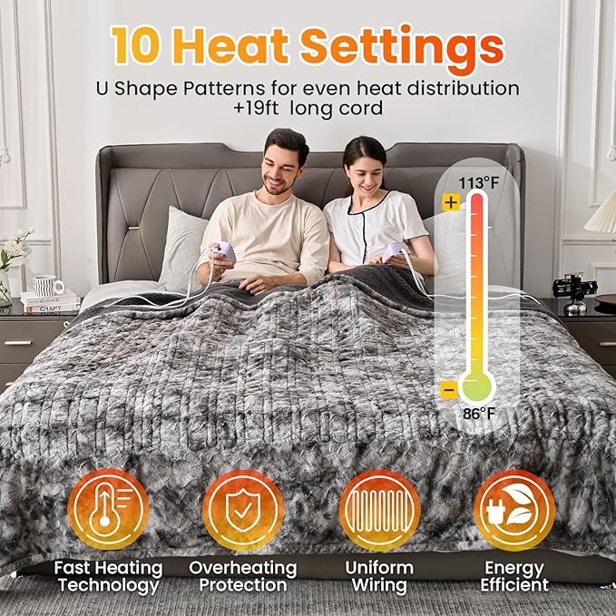 WOOMER Heated Blanket Full Size Electric Blanket 77"x 84", Soft Faux Fur Fast Heating Blanket, 10 Heating Levels & 0.5-12H Auto Off, Over-Heat Protection, ETL Certification