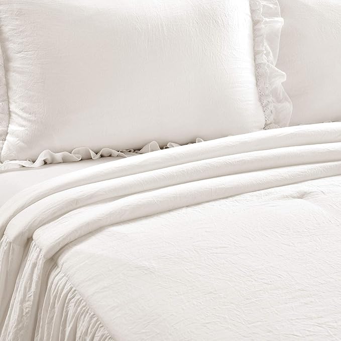 Lush Decor Ella Ruffle Lace Bedspread, 3 Piece Set, Queen, White - Cute Bed Set - Queen Bedding - White Bedding - Coquette Decor - Ruffle Trim - Lace Trim