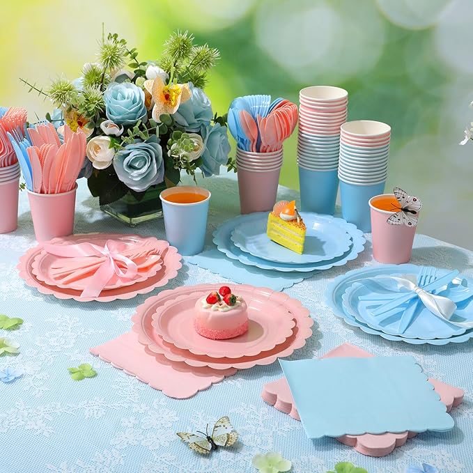 350 Pcs Pink Blue Plates and Napkins, 50 Guest Spring Party Supplies Include Scalloped Paper Plates Napkins Cups Plastic Spoons Forks Knives Disposable Tableware Set for Baby Shower