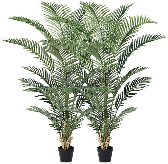 Artificial Palm Tree, 5FT Tall Fake Palm Trees with UV Resistant Leaves, Potted Faux Areca Palm Plant for Indoor Outdoor, Large Floor Plants for Home Living Room Porch Decor, 2Pcs - VN125