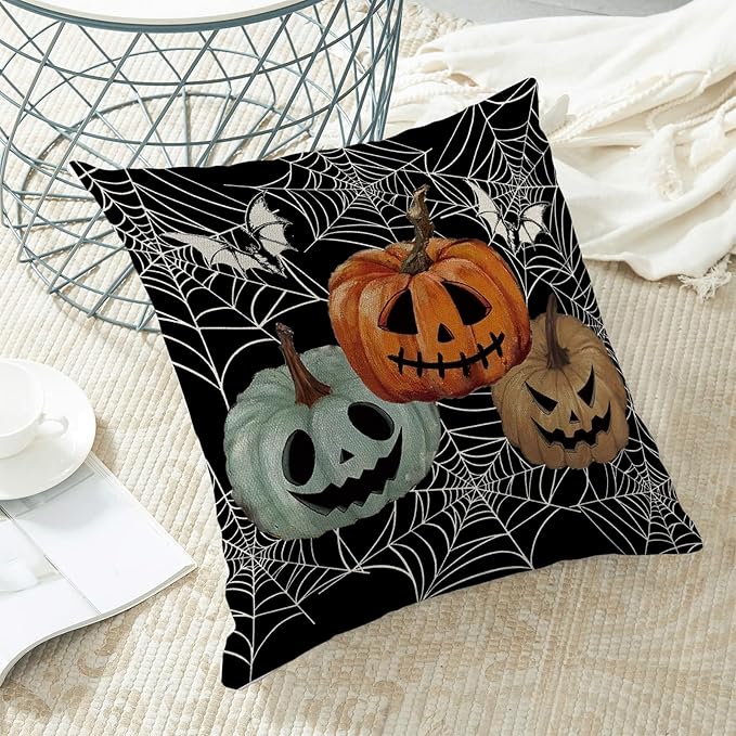 Halloween Decor Pillow Covers 18x18 Set of 2 Spider Web Orange Pumpkin Bat Black Decorative Throw Pillow Covers Outdoor Decoration Autumn Pumpkin Pillowcase Farmhouse Cushion Case for Home Sofa