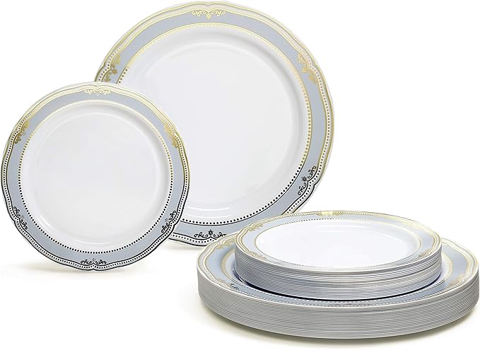 " OCCASIONS " 240 Plates Pack,(120 Guests) Premium Wedding Party Disposable Plastic Plates Set -120 x 10.25'' Dinner + 120 x 7.5'' Salad/Dessert (Scalloped in White/Blue & Gold)