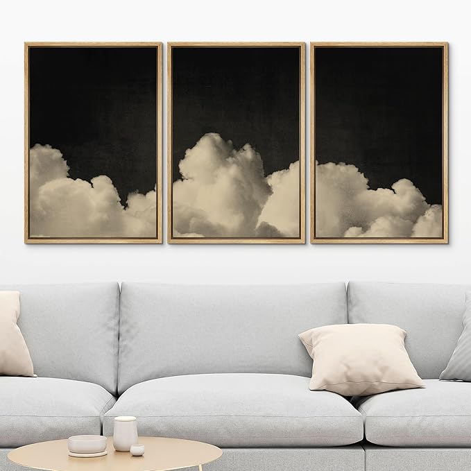 MUDECOR Framed Canvas Print Wall Art Dramatic Cloudscape Black and Beige Sky Illustrations Realism Decorative for Living Room, Bedroom, Office - 24"x36"x3 Natural