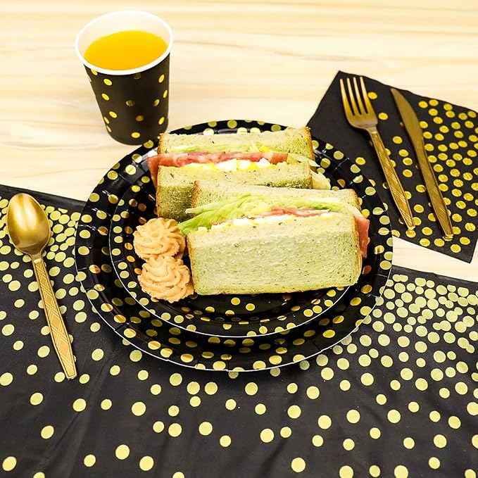 176 Pieces Gold Disposable Party Dinnerware Set &Golden Dot Disposable Party Dinnerware - Black Paper Plates Napkins Cups, Gold Plastic Forks Knives Spoons