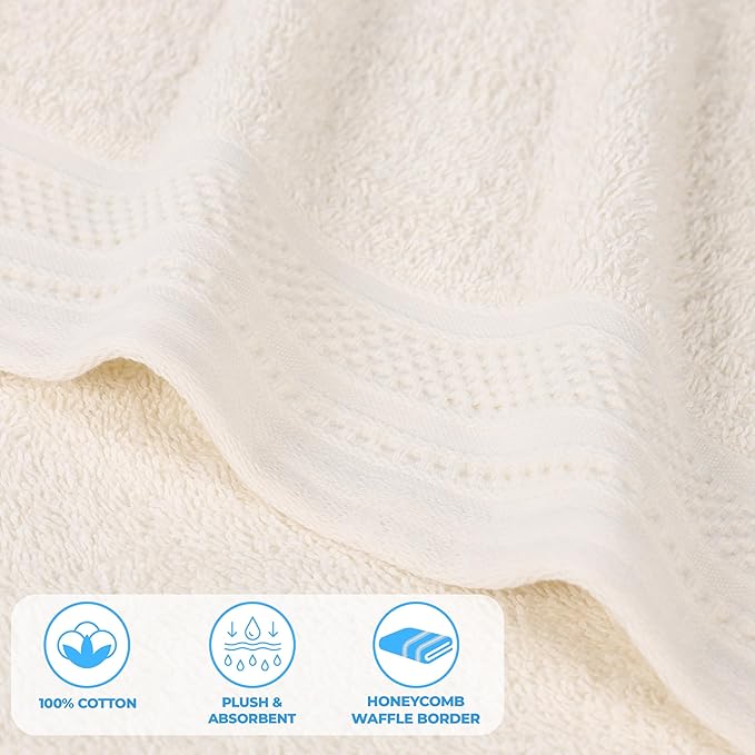 Superior Honeycomb Cotton Medium Weight Towels, for Guest Bath, Master Bathroom, Shower, Quick Dry, Adults, Home Essentials, Textured Waffle Border, Towel Set, Bath Towels, Set of 4, Ivory