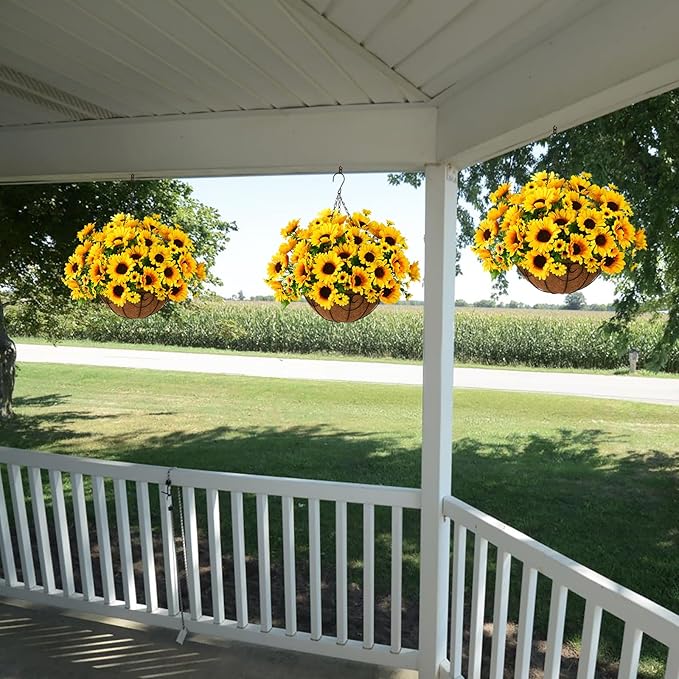 Homsunny Artificial Sunflowers Fake Hanging Flowers Plants Baskets for Outdoor Fall Decoration, Faux Silk Flowers Look Real UV Resistant for Porch Patio Garden Autumn Home Decor