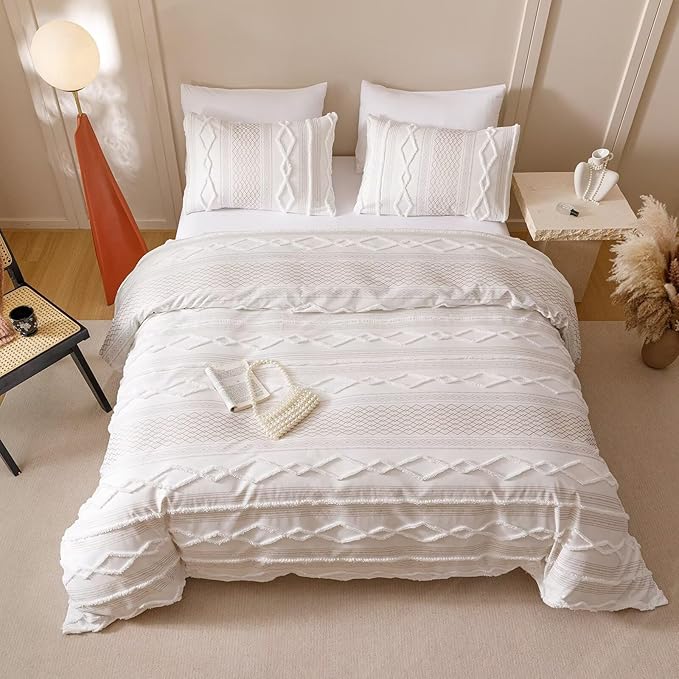 Luxlovery Boho Farmhouse Comforter Set Cal King Teens Kids White Jacquard Bedding Set Bohemian Country Blanket Quilts Durable Soft Breathable 3PCS Comforter Set California King Bed
