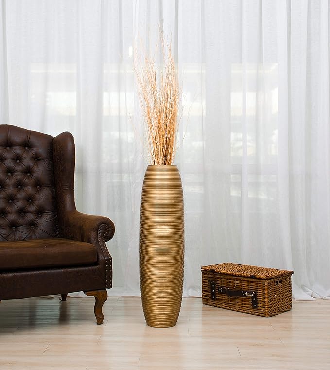 Leewadee Large Gold Home Decor Floor Vase – Wooden 34 inches Tall Farmhouse Decor Flower Holder for Fake Plant and Pampas Grass