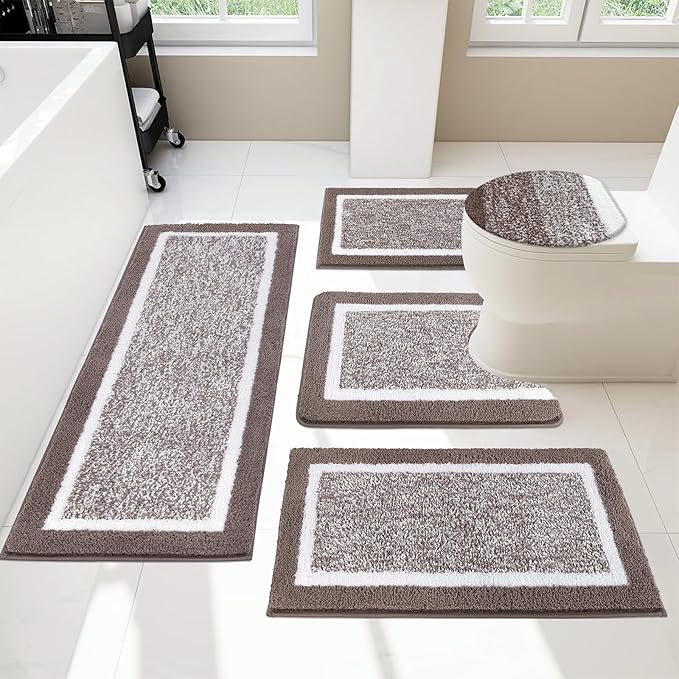 Pauwer Bathroom Rugs Set 5 Piece, Plush Absorbent Microfiber Bath Mats for Bathroom, Non Slip Washable Bath Rug Set with U Shaped Contour Toilet Rugs, Shower Rug and Toilet Lid Cover, Coffee