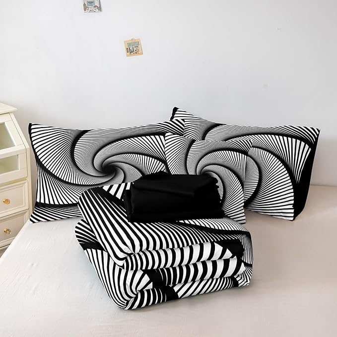 Bedorm Black White Comforter Set 3D Abstract Bedding Set Queen Vortex Stripe Geometric Comforter Trippy Psychedelic Bedding Comforter Black Bed in A Bag