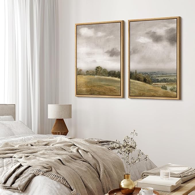 MUDECOR Framed Canvas Print Wall Art Gentle Hills and Distant Storm Tranquil Pastoral Nature Wilderness Illustrations Realism Decorative Scenic for Living Room, Bedroom, Office - 16"x24"x2 Natural