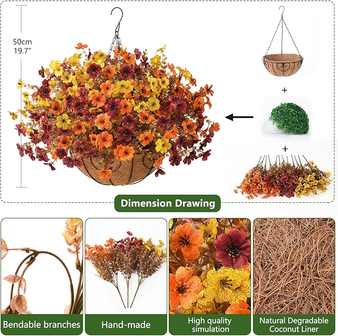 Artificial Fake Hanging Baskets Fall Flowers for Outdoors Decoration, Faux Silk Mums Plants UV Resistant Look Real Outside Yard Patio Front Porch Garden Balcony Home Autumn Decor (Orange Yellow Brown)
