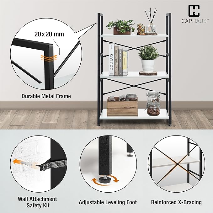 CAPHAUS 3 Tier Small Bookshelf, 24 Inch Width Free Standing Shelf, Bookcase Shelf Storage Organizer, Industrial Book Shelves for Home Office, Living Room, White Shelves & Metal Frame