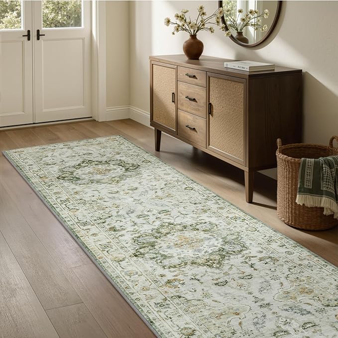 PADOOR-Vintage Runner Rug 2X10 Runners for Hallways-Soft Green Washable Bedside Rugs for Bedroom-Non Slip Long Rug for Hallways Entryway Laundry Room Stair Kitchen Bathroom