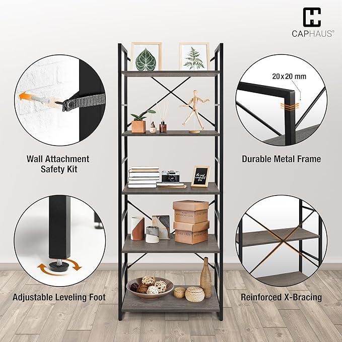 CAPHAUS 6 Tier Bookshelf, 24 Inch Width Free Standing Shelf, Bookcase Shelf Storage Organizer, Industrial Book Shelves for Home Office, Living Room, Kitchen, Dark Grey Vintage Shelves & Metal Frame