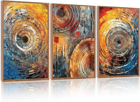 Large Colorful Tree Ring Framed Canvas Wall Art,Modern Tree Stump Wall Decor,Abstract Wood Grain Artwork,Neutral Botanical Annual Ring Art Print for Living Room,Bedroom,Office-24 x36 x3