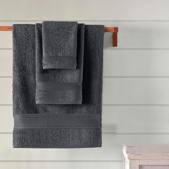 DAN RIVER 100% Ring Spun Cotton 3-Piece Towel Set, Charcoal, Bath Towel, Hand Towel and Washcloths, 550 GSM - Soft, Absorbent Quick Dry Cotton Towels for Bathroom, Spa, and Gym