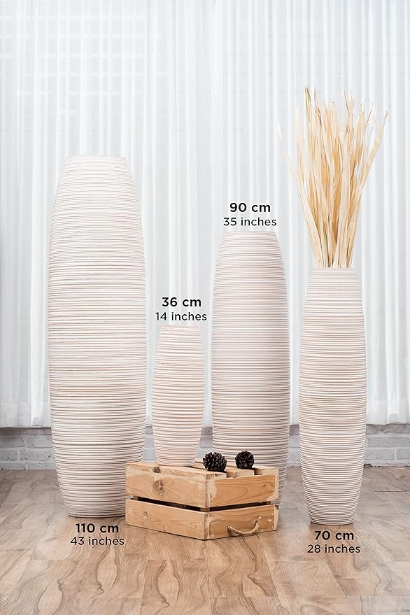 Leewadee Large White Wash Home Decor Floor Vase – Wooden 41 inches Tall Farmhouse Decor Flower Holder for Fake Plant and Pampas Grass
