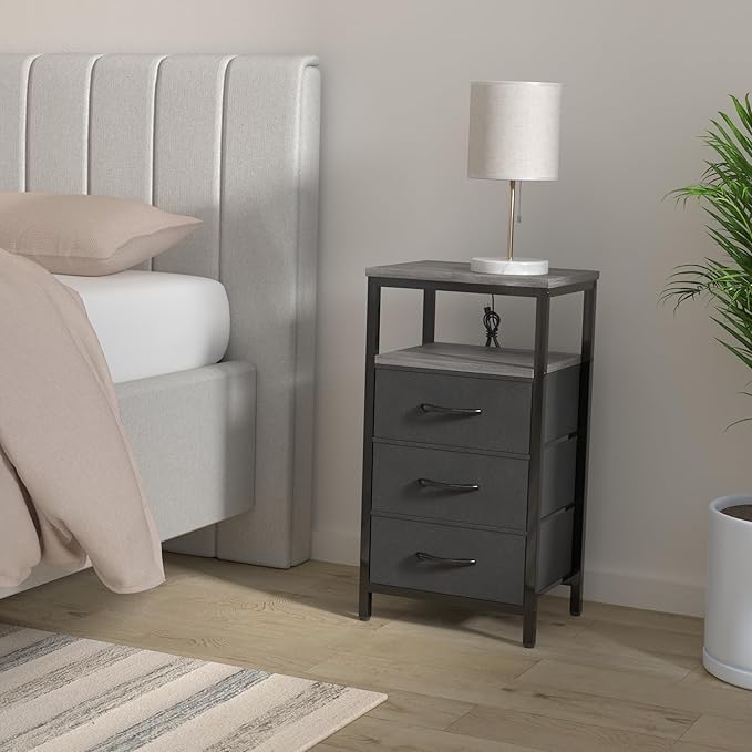 Huuger Nightstand with Charging Station, 27.6 Inch End Table Bedside Table with USB Ports and Outlets, Fabric Drawers, Night Stand for Bedroom, Charcoal Gray