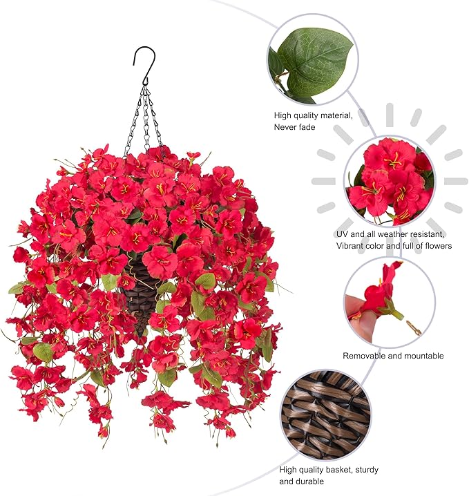 Ivydale Artificial Faux Hanging Flowers Plant Baskets for Outdoors Decoration, Fake Hibiscus UV Resistance Realistic Silk Flower for Outside Home Patio Porch Balcony Garden Wedding, Red